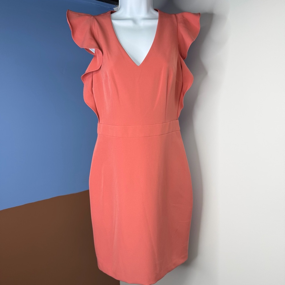 Express Coral Sheath Dress with Ruffle Sleeves V Neck Size 4
